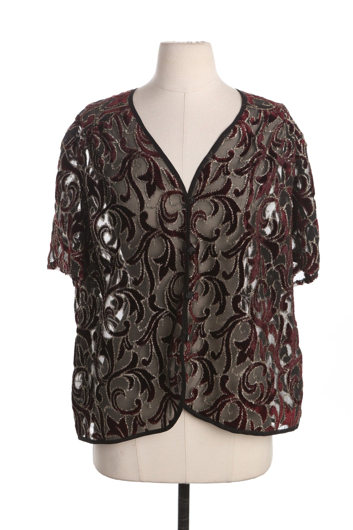 90's Women Black Sheer Top with Velvet Floral Design