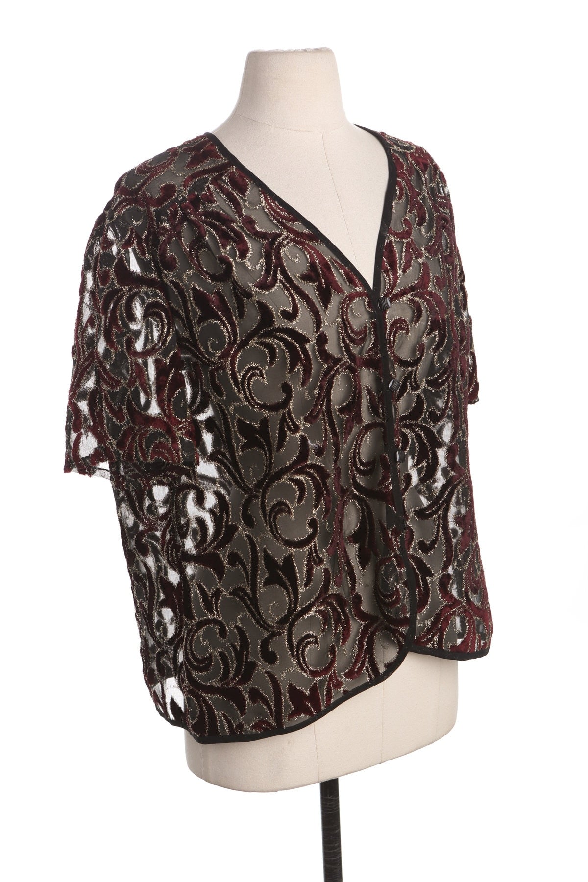 90's Women Black Sheer Top with Velvet Floral Design