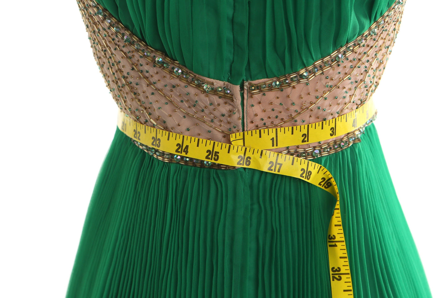 Vintage 70's evening dress women formal pleated ruffle beaded green jack bryan dupuis