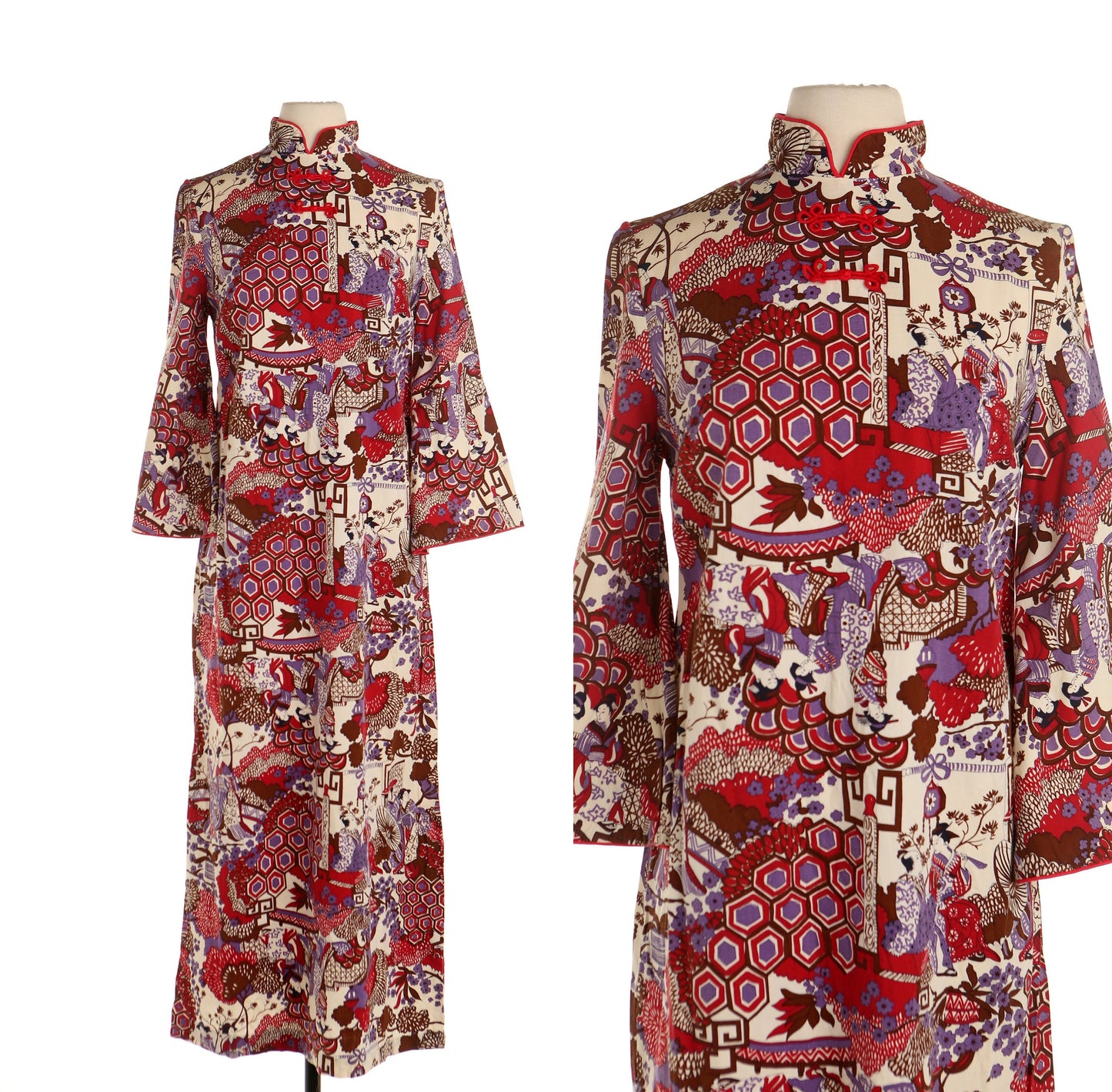 Vintage women cheongsam dress red beige cotton floral jacpanese print