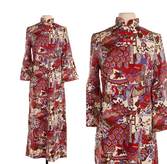 Vintage women cheongsam dress red beige cotton floral jacpanese print