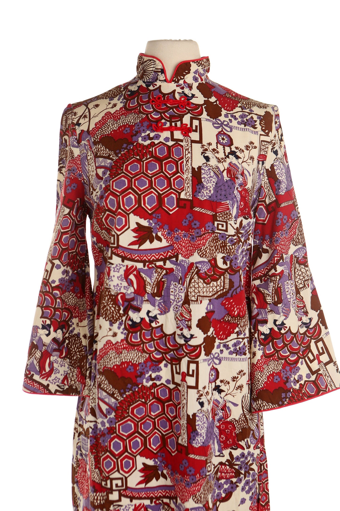 Vintage women cheongsam dress red beige cotton floral jacpanese print