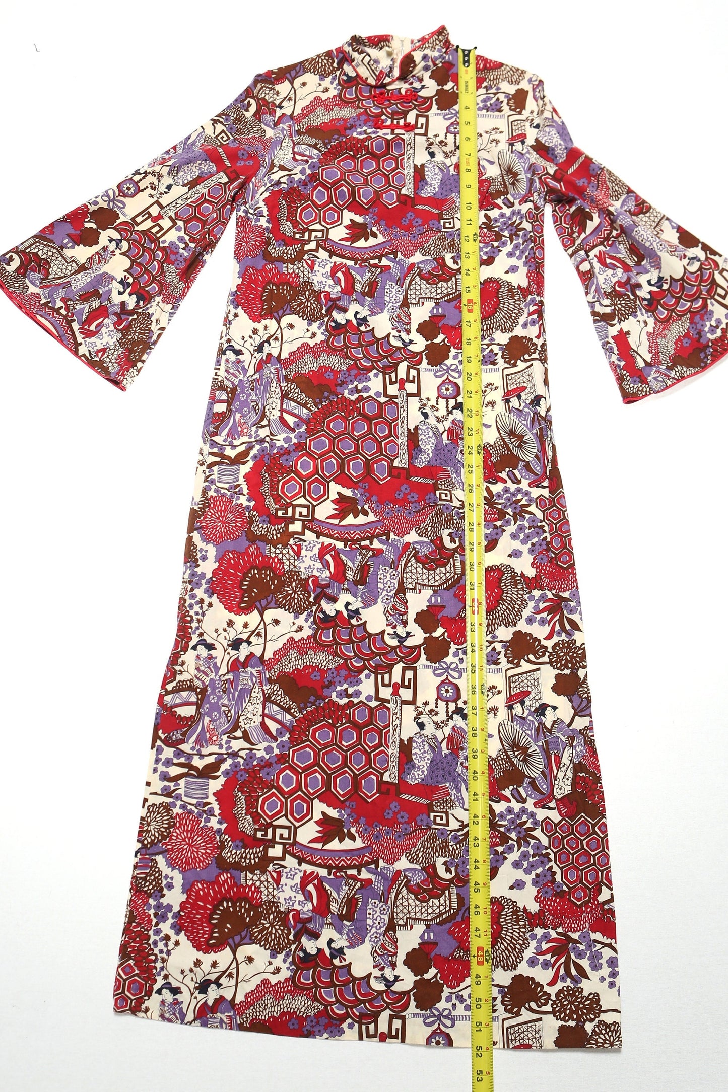 Vintage women cheongsam dress red beige cotton floral jacpanese print