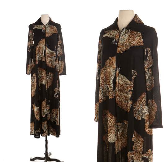 Vintage women 70's dress casual nightgown leopard print disco long