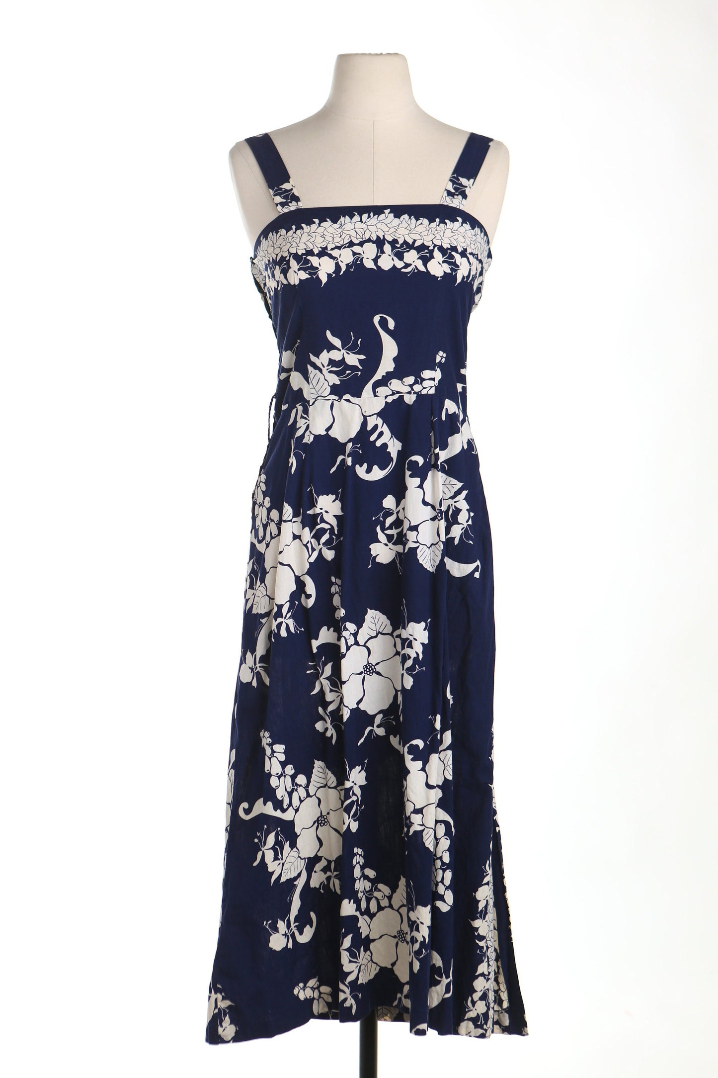 Vintage hawaiian dress floral print blue white strap 40's 50's