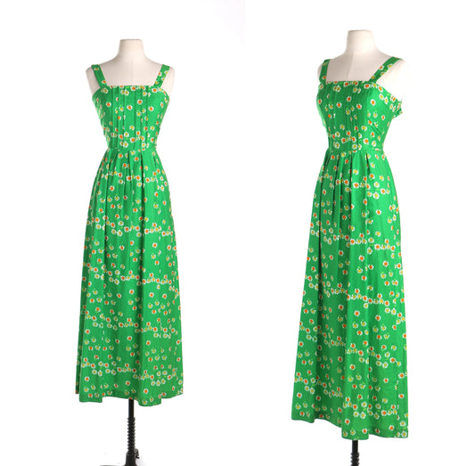 Vintage women green floral 70's cotton long dress strap