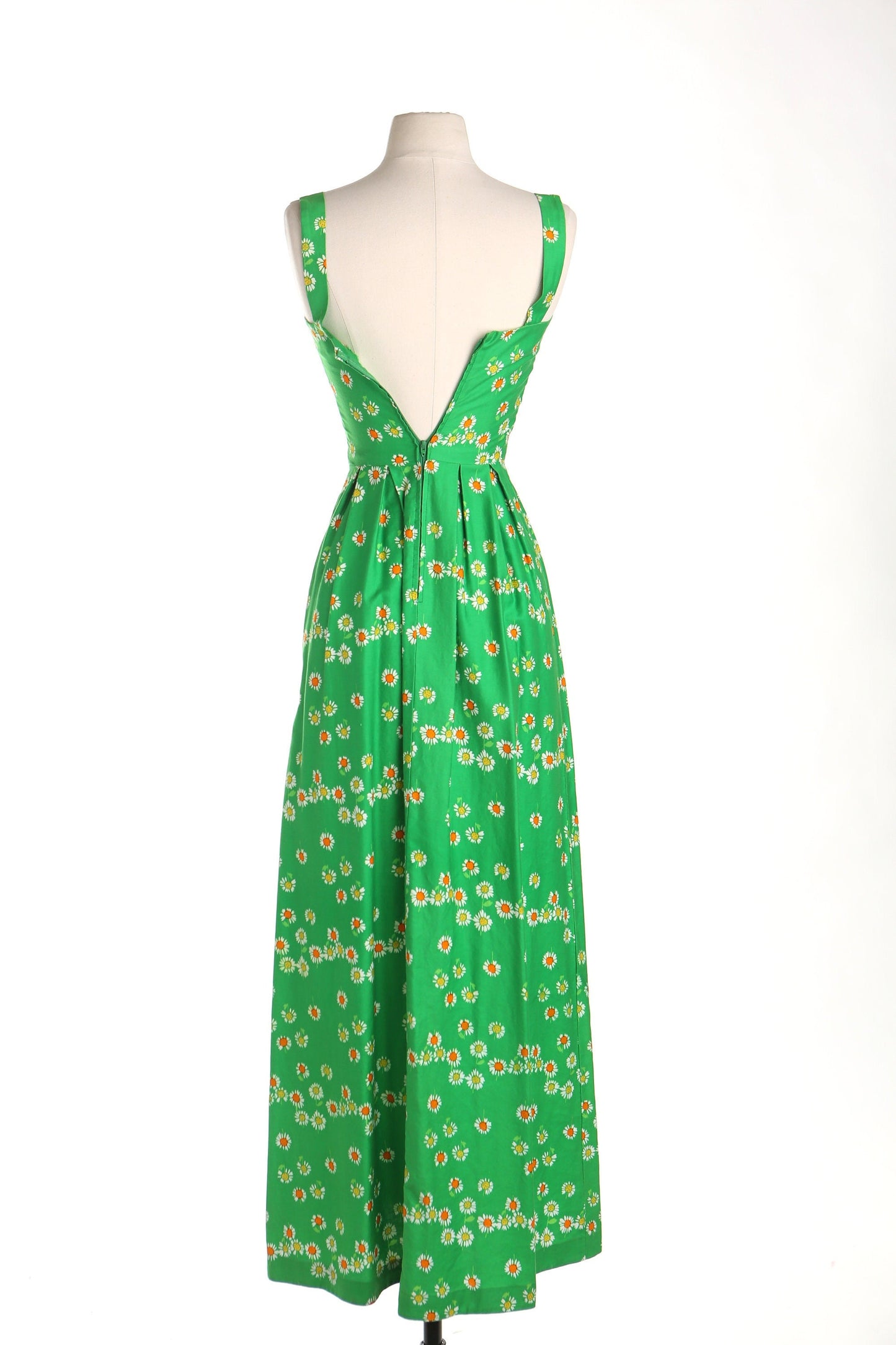 Vintage women green floral 70's cotton long dress strap