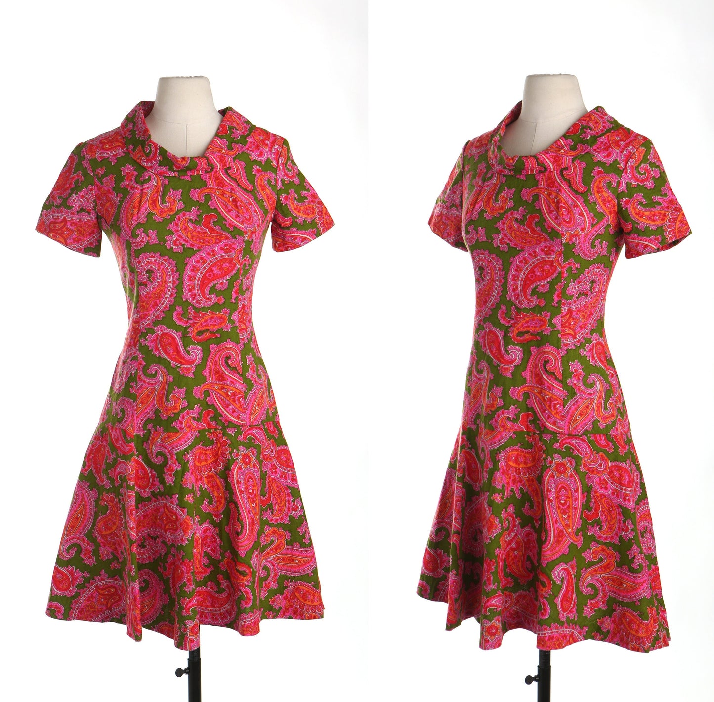 Vintage dress 70's casual hippie floral print green pink women 1970's disco