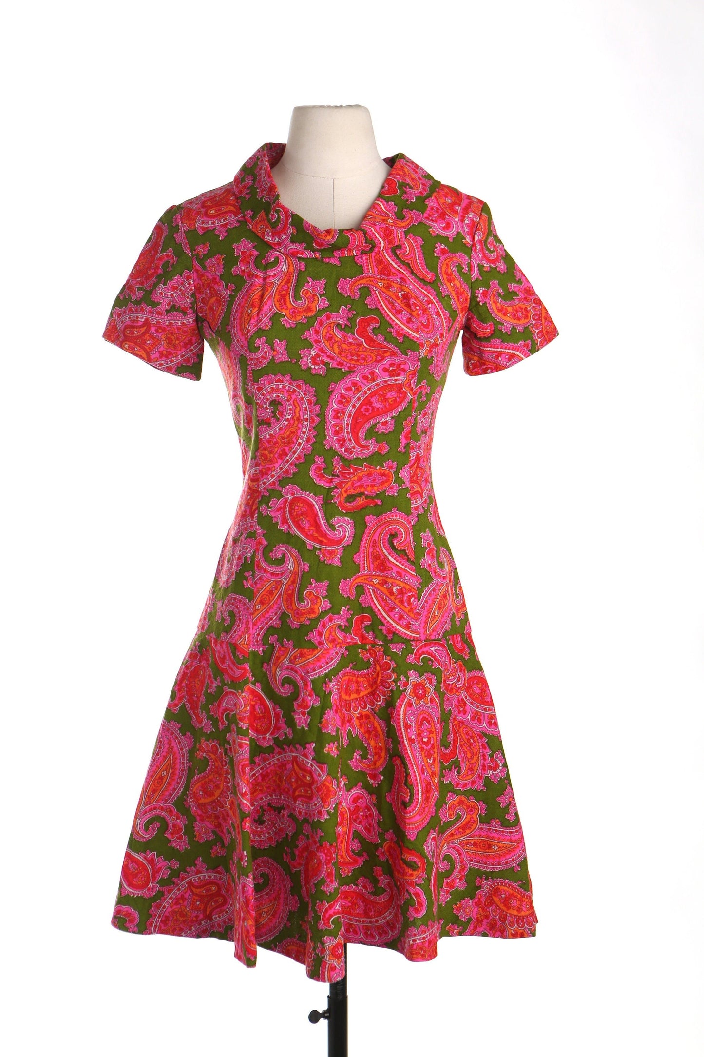 Vintage dress 70's casual hippie floral print green pink women 1970's disco