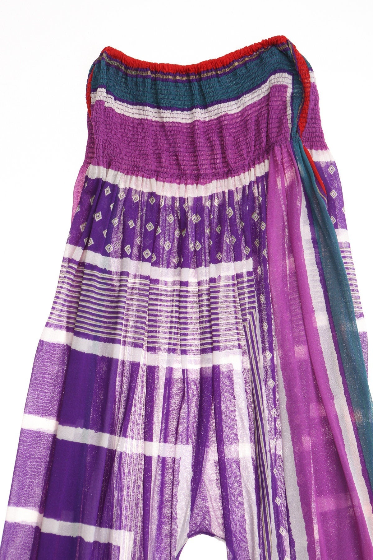 Vintage women 70's strapless jumpsuit poly purple striped disco studio 54