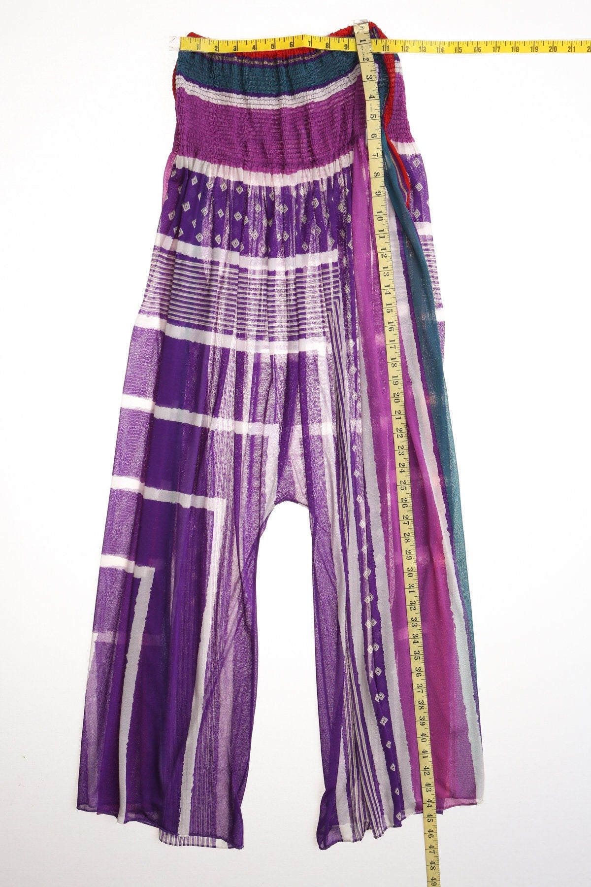 Vintage women 70's strapless jumpsuit poly purple striped disco studio 54