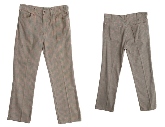 Vintage levi's 70's poly plaid pants men beiege green black tab casual hippie disco