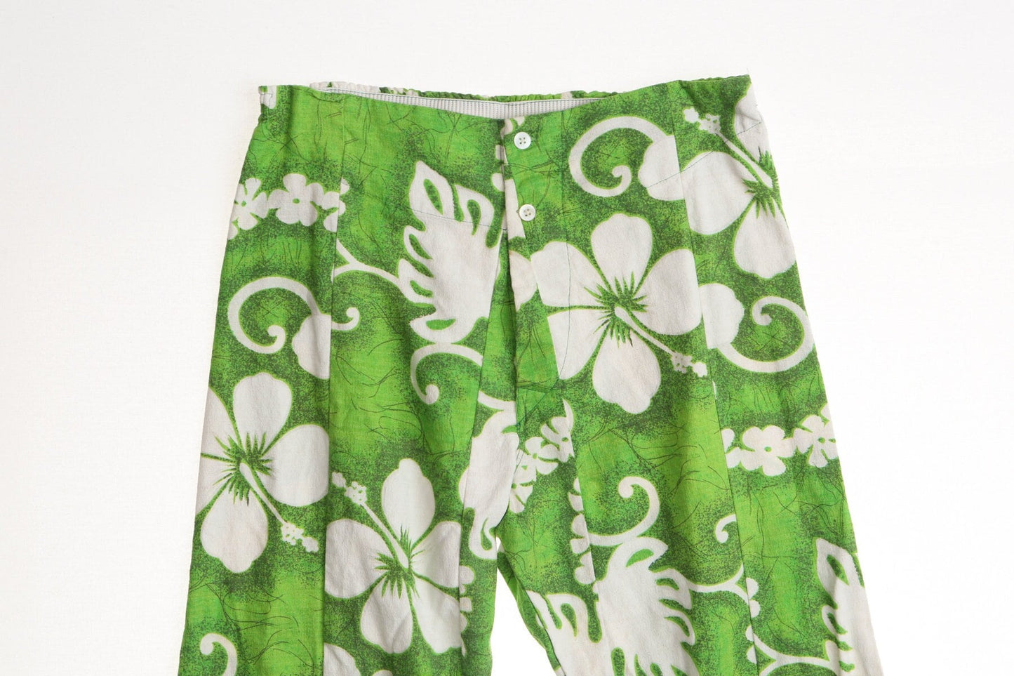 Vintage men cotton green hawaii pants plant white print 70's hawaiian