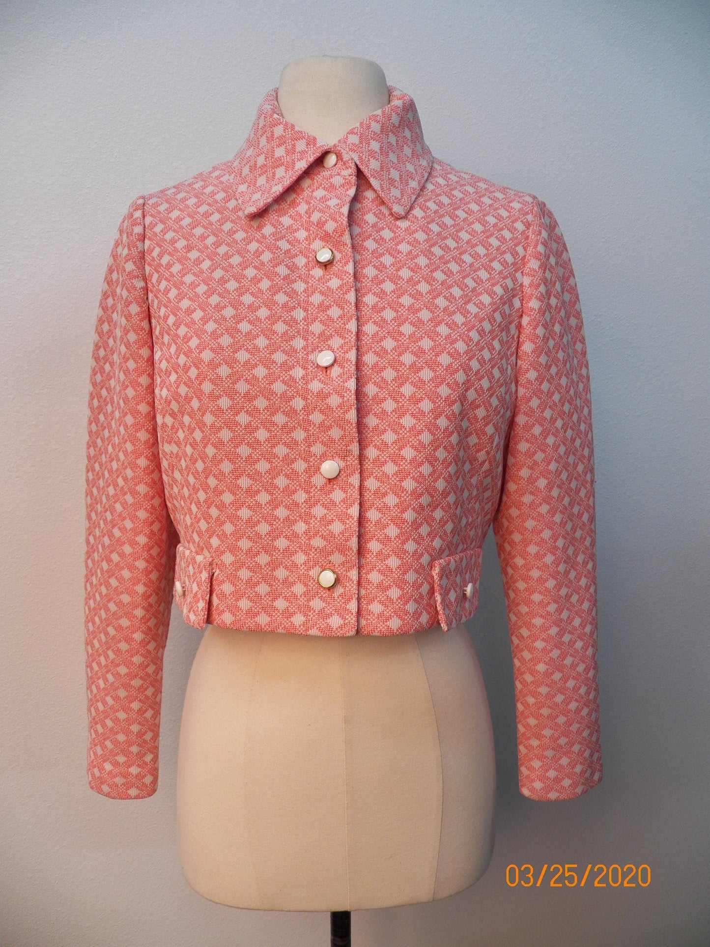 Pink plaid 70's jacket cropped women polyester white casual