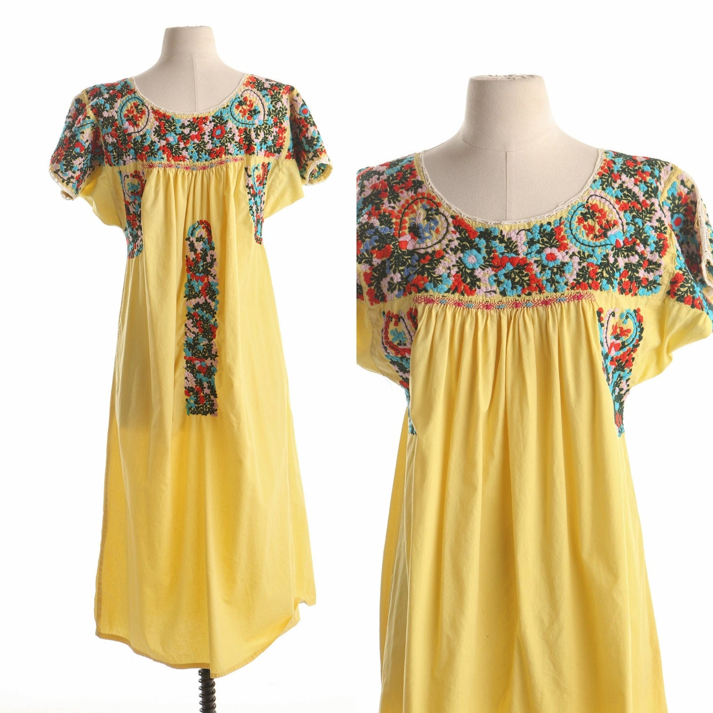 Vintage mexican embroidered yellow dress ethnic women short sleeve floral