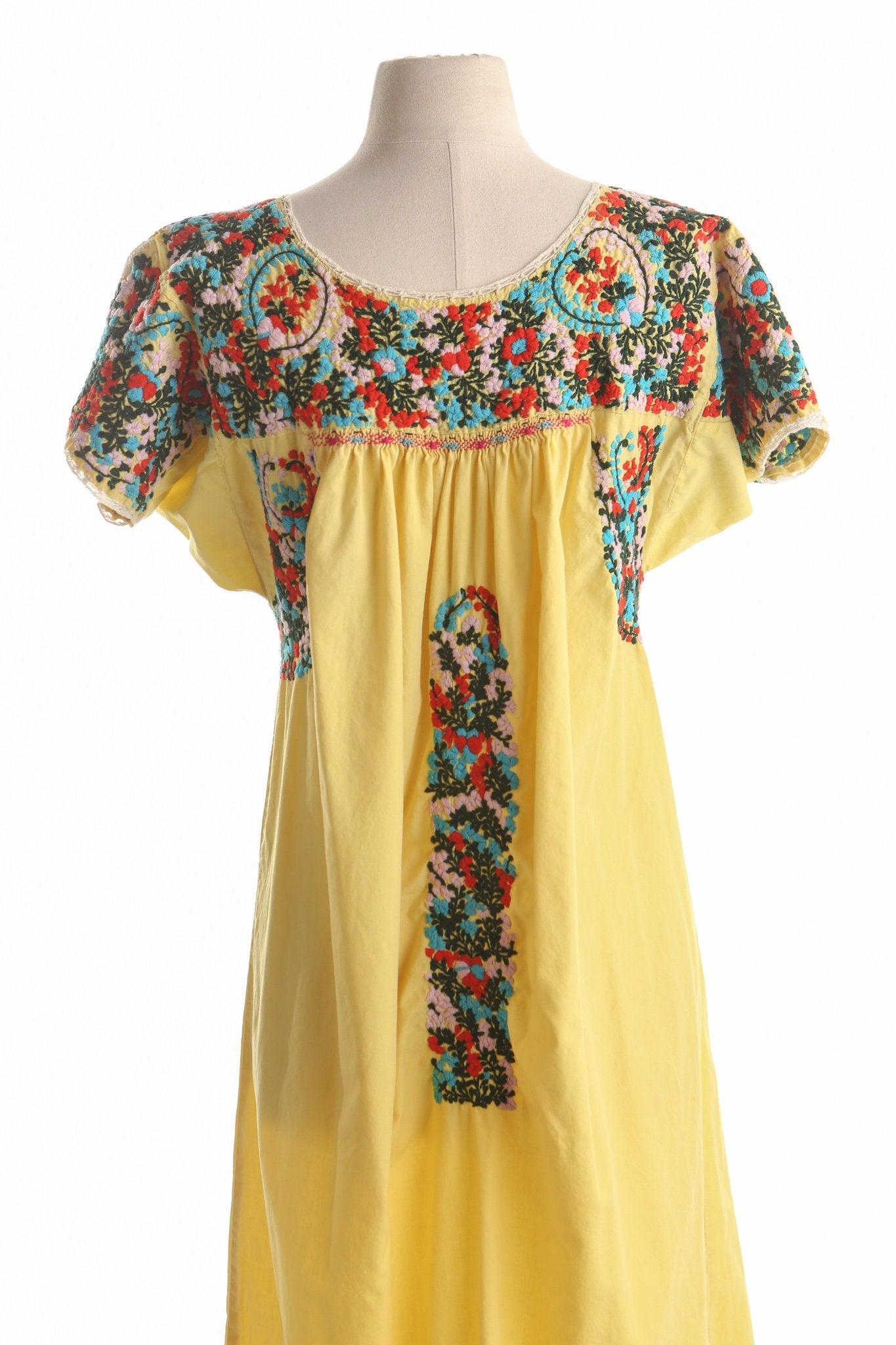 Vintage mexican embroidered yellow dress ethnic women short sleeve floral