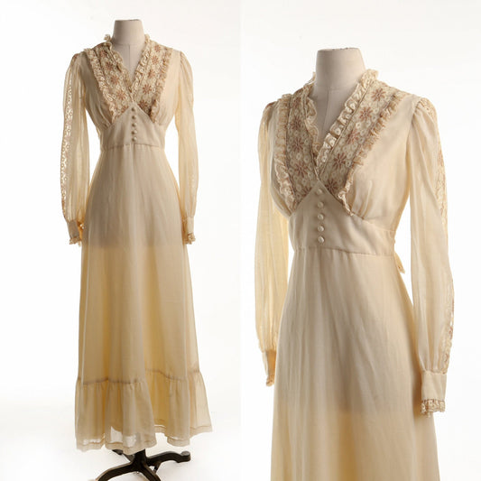 Vintage prairie 70's long beige lace dress western hippie victorian boho