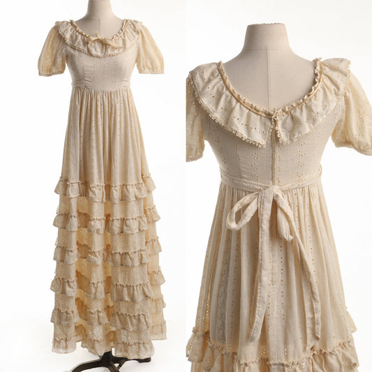 Vintage 70's long victorian americana hipppie boho dress beige ruffled