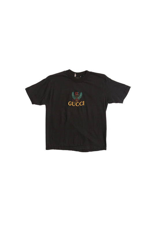 Vintage 90's embroidered shirt black t-shirt colored yellow italy g red green