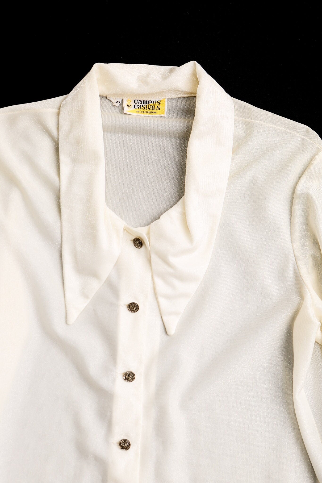 Women 70's white polyester blouse top button butterfly collar disco casual campus casuals