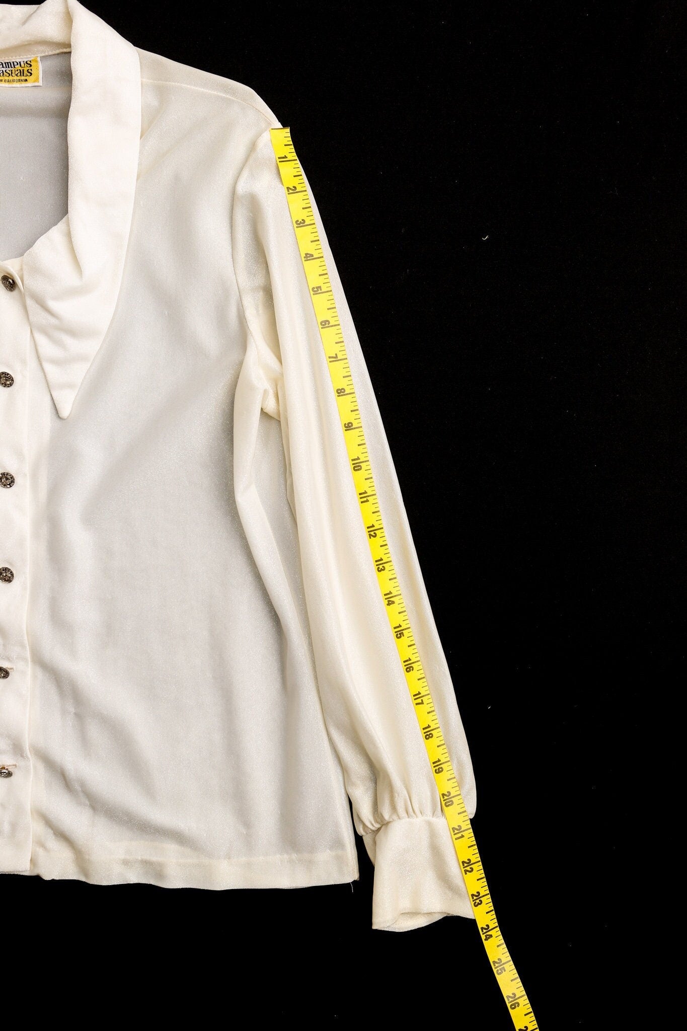 Women 70's white polyester blouse top button butterfly collar disco casual campus casuals