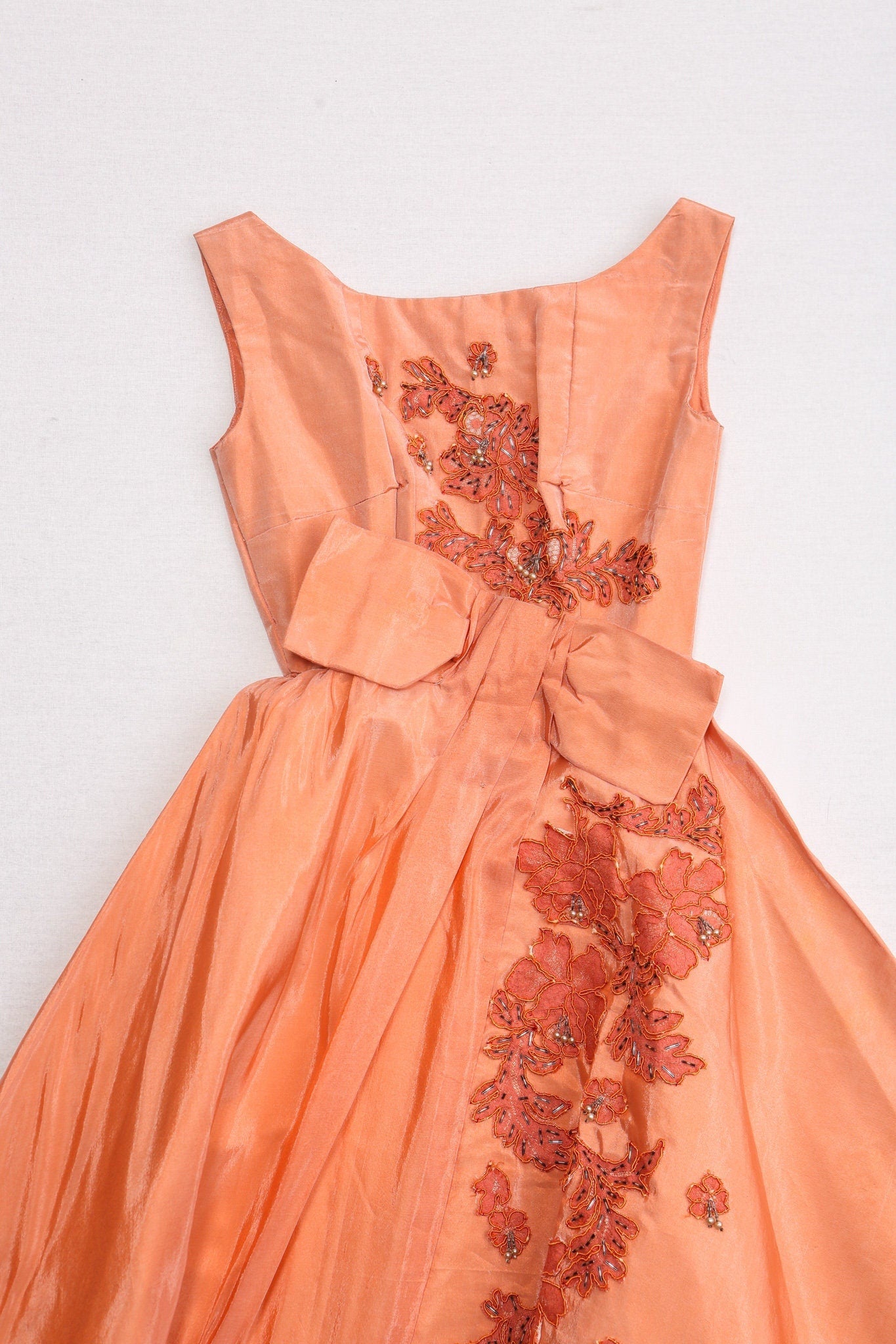 Women vintage 50's ball gown dress orange sequin embroidered evening leaves