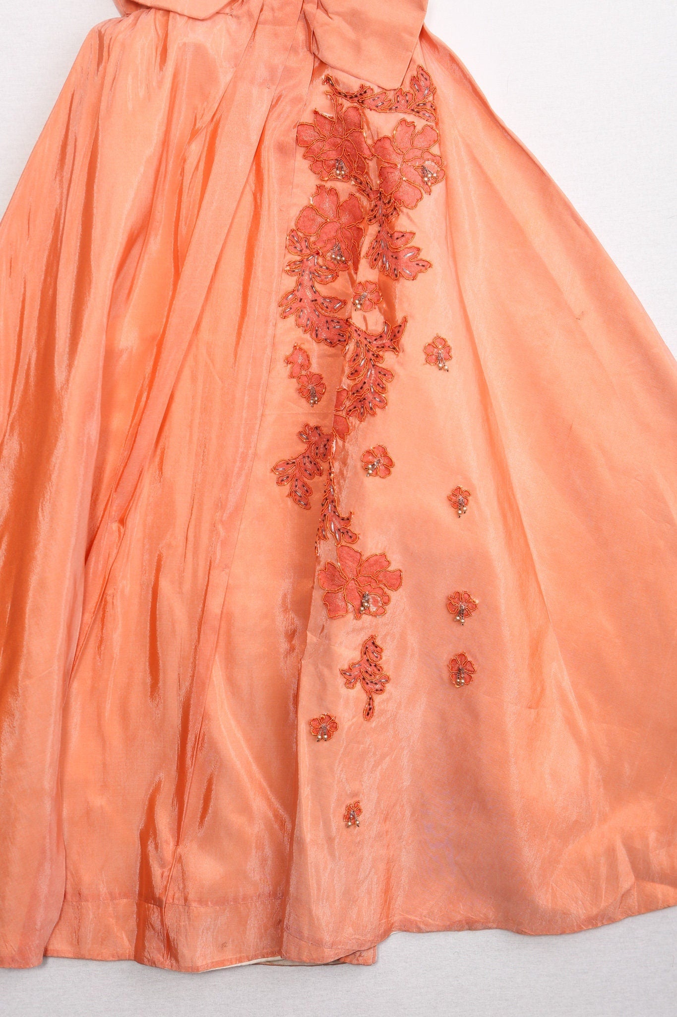 Women vintage 50's ball gown dress orange sequin embroidered evening leaves