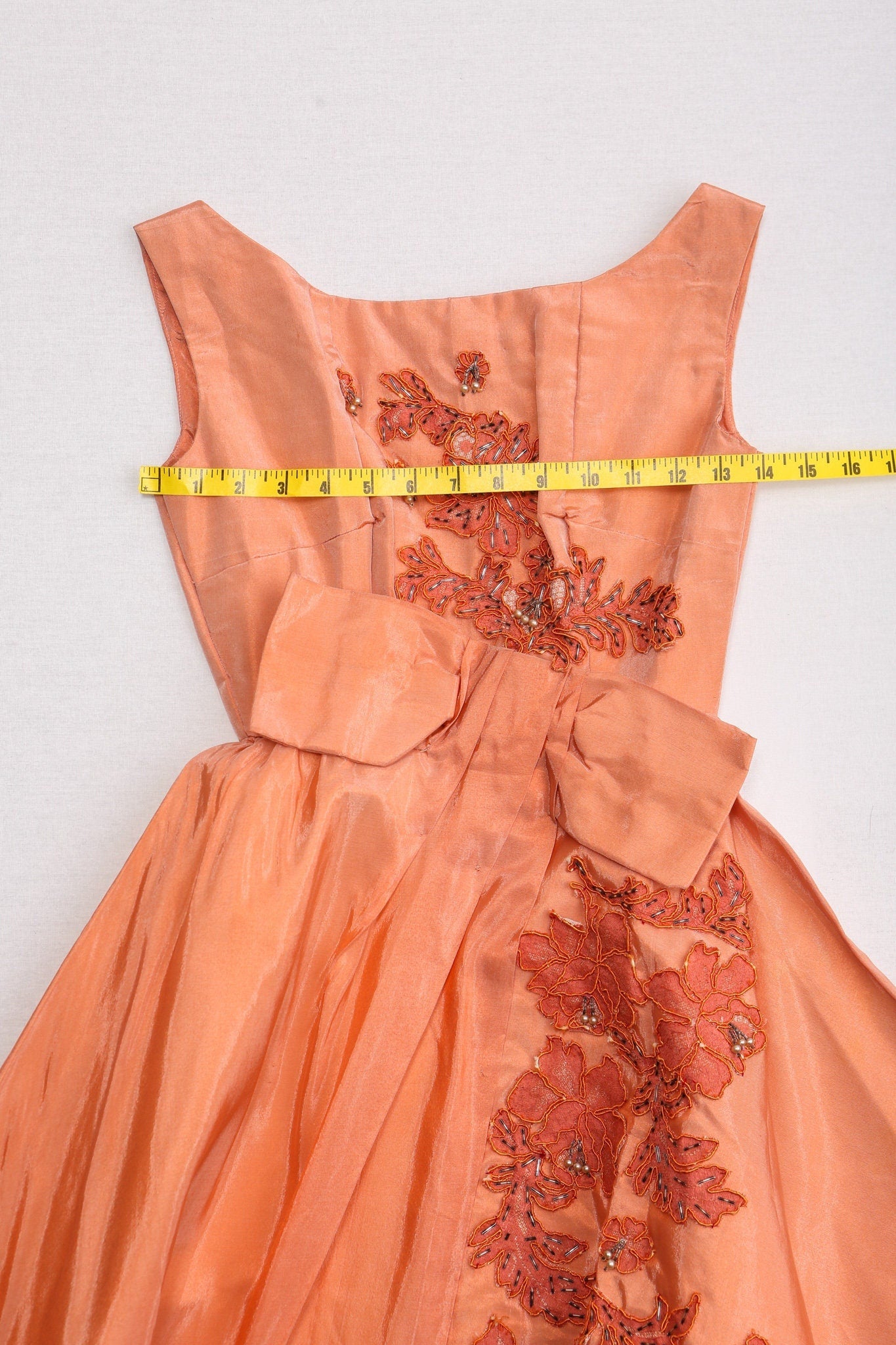 Women vintage 50's ball gown dress orange sequin embroidered evening leaves