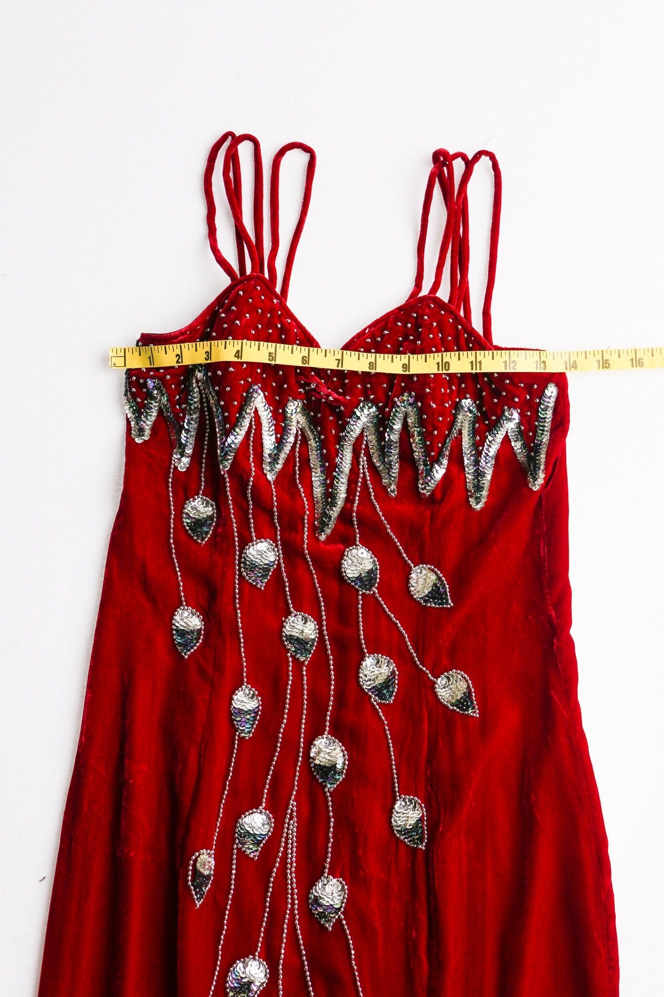Vintage red velvet dress sequin silver 90's evening strap 80's casual