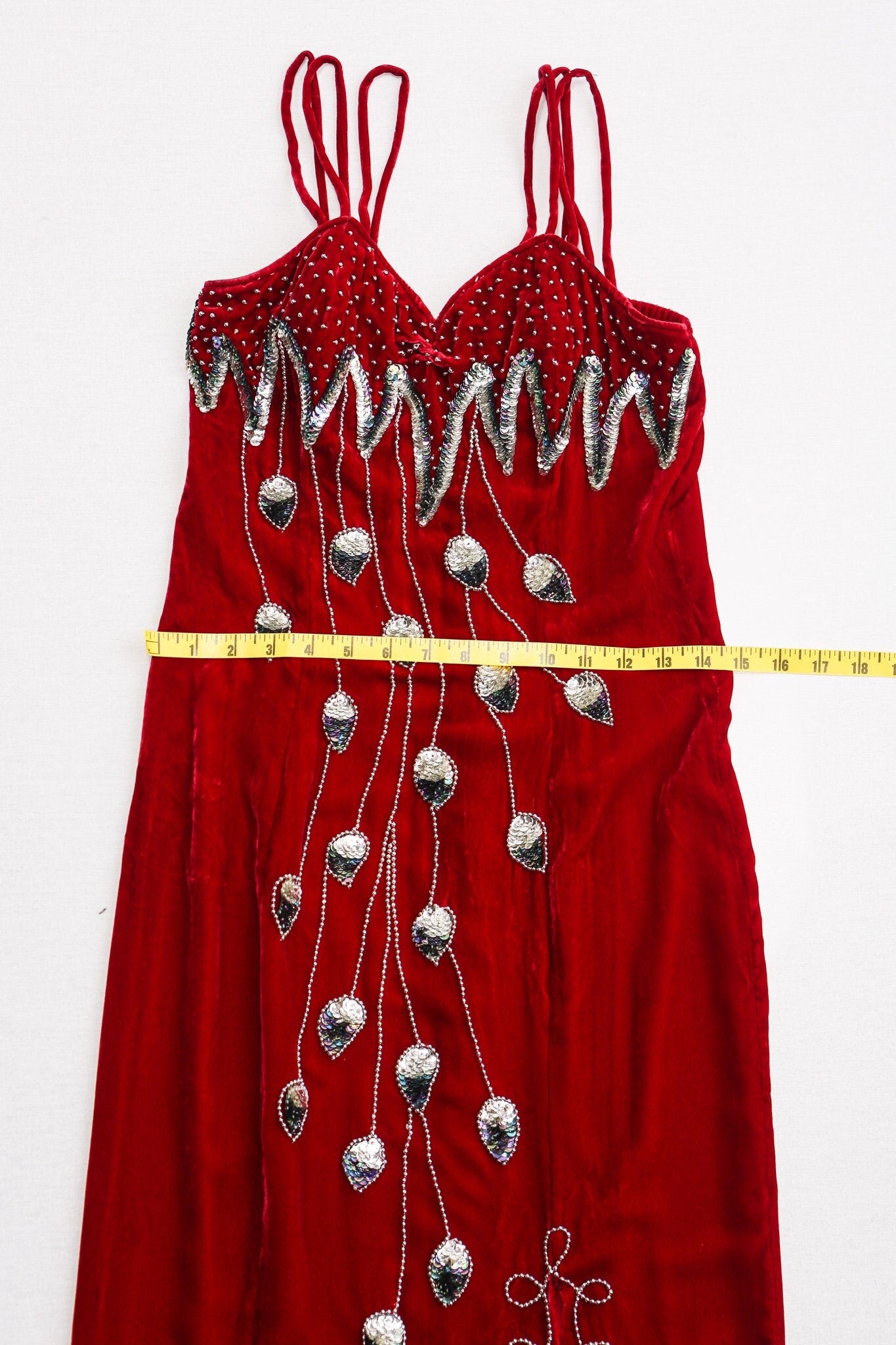 Vintage red velvet dress sequin silver 90's evening strap 80's casual