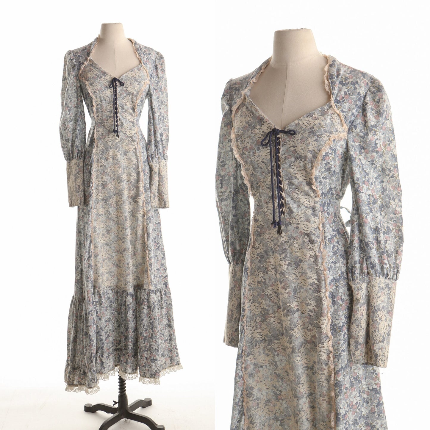 Vintage western victorian dress floral print blue 70's hippie boho long