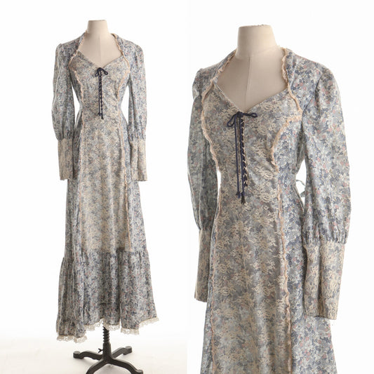 Vintage western victorian dress floral print blue 70's hippie boho long