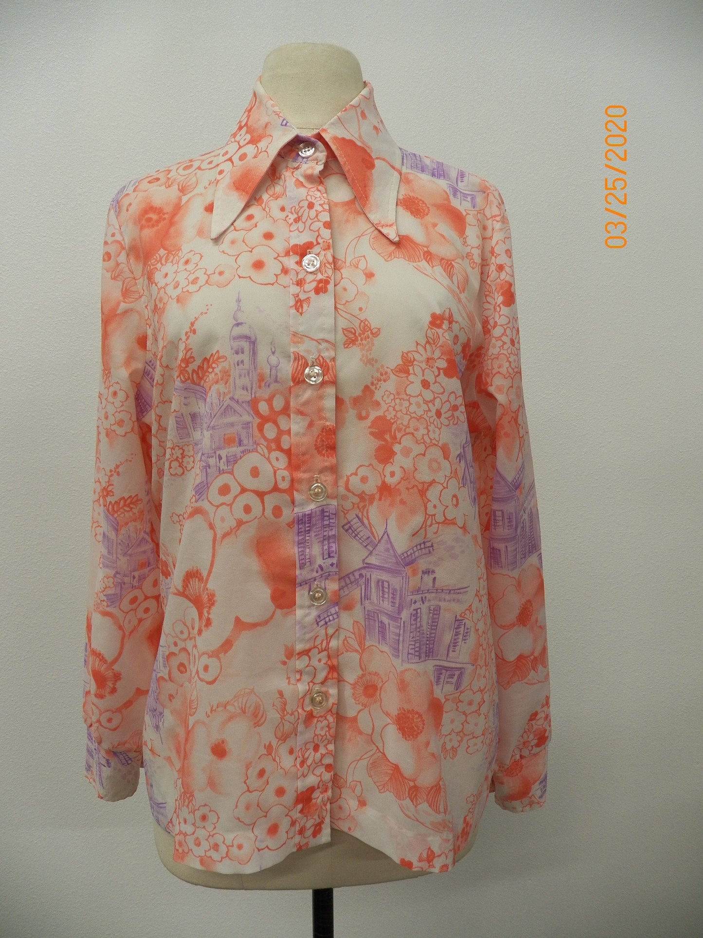Floral 70's polyester long sleeve top women printed butterfly neck