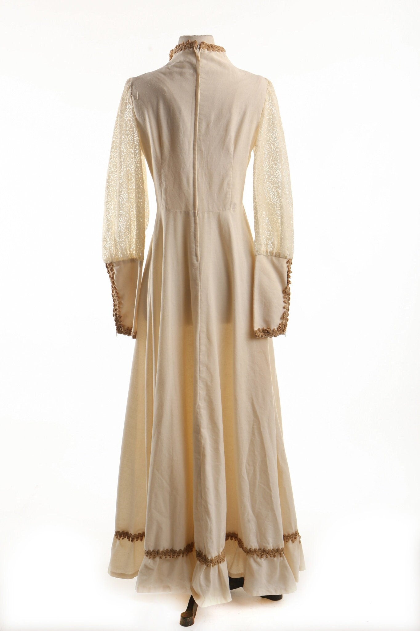 Vintage women boho hippie cotton biege victorian dress lace button gypsy 70's