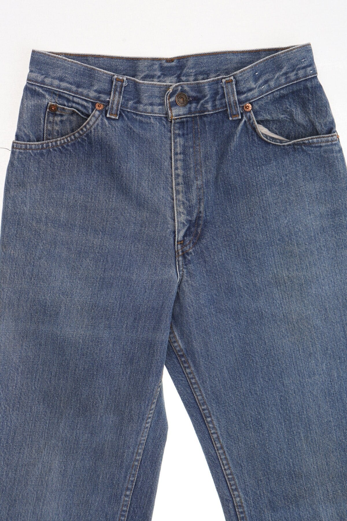 Vintage levi's high waist blue jeans denim pants women 90's 80's white tab zipper medium wash