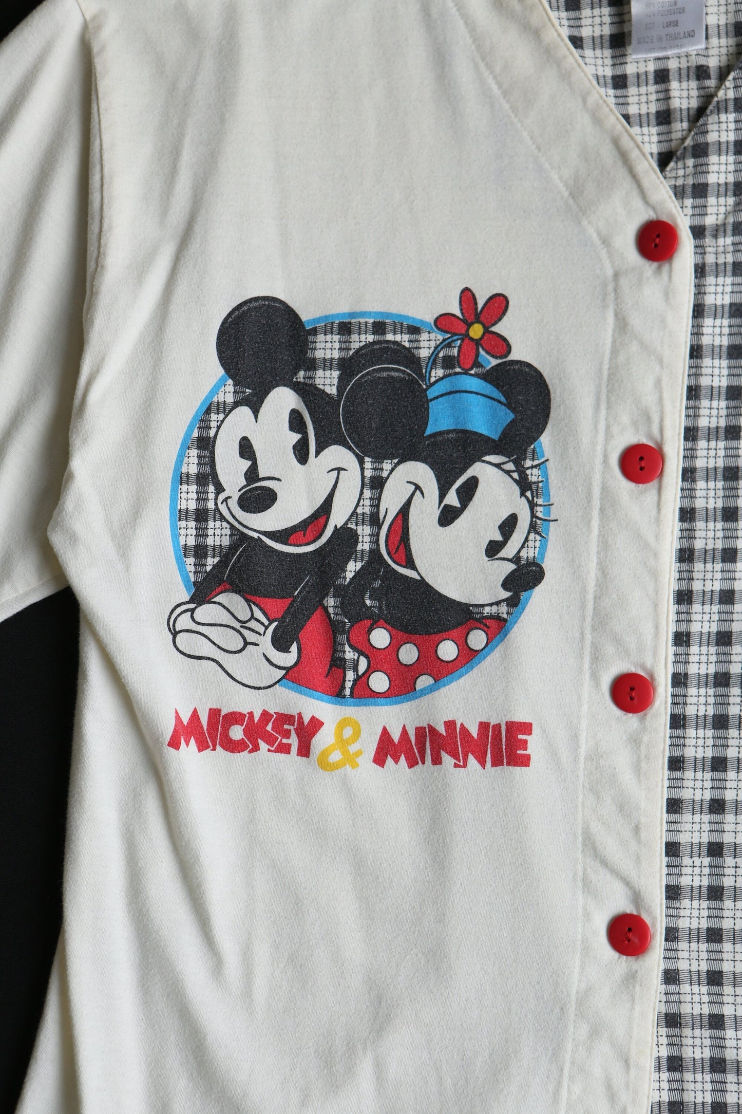 Vintage minnie mickey mouse disney top blouse button plaid shirt white gray