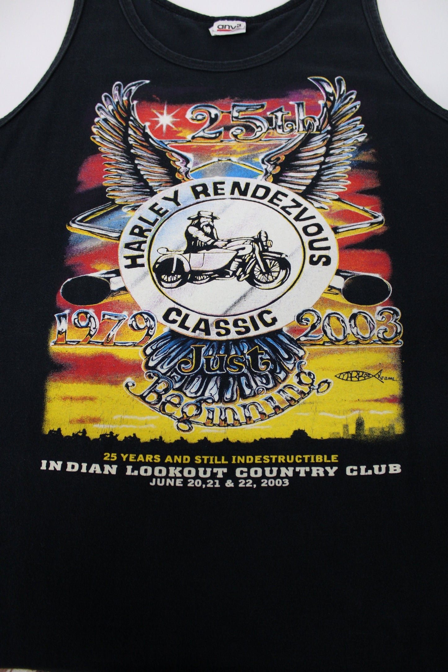 25th harley rendezvous 1979 2003 vintage biker tank top indian lookout country club mark kram motorcycle rally black