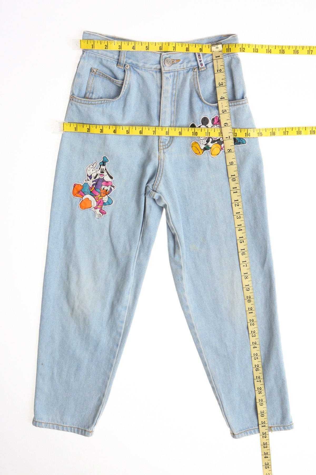 Vintage denim jeans pants high waist mickey mouse mickey and co 90's blue light wash y2k print front