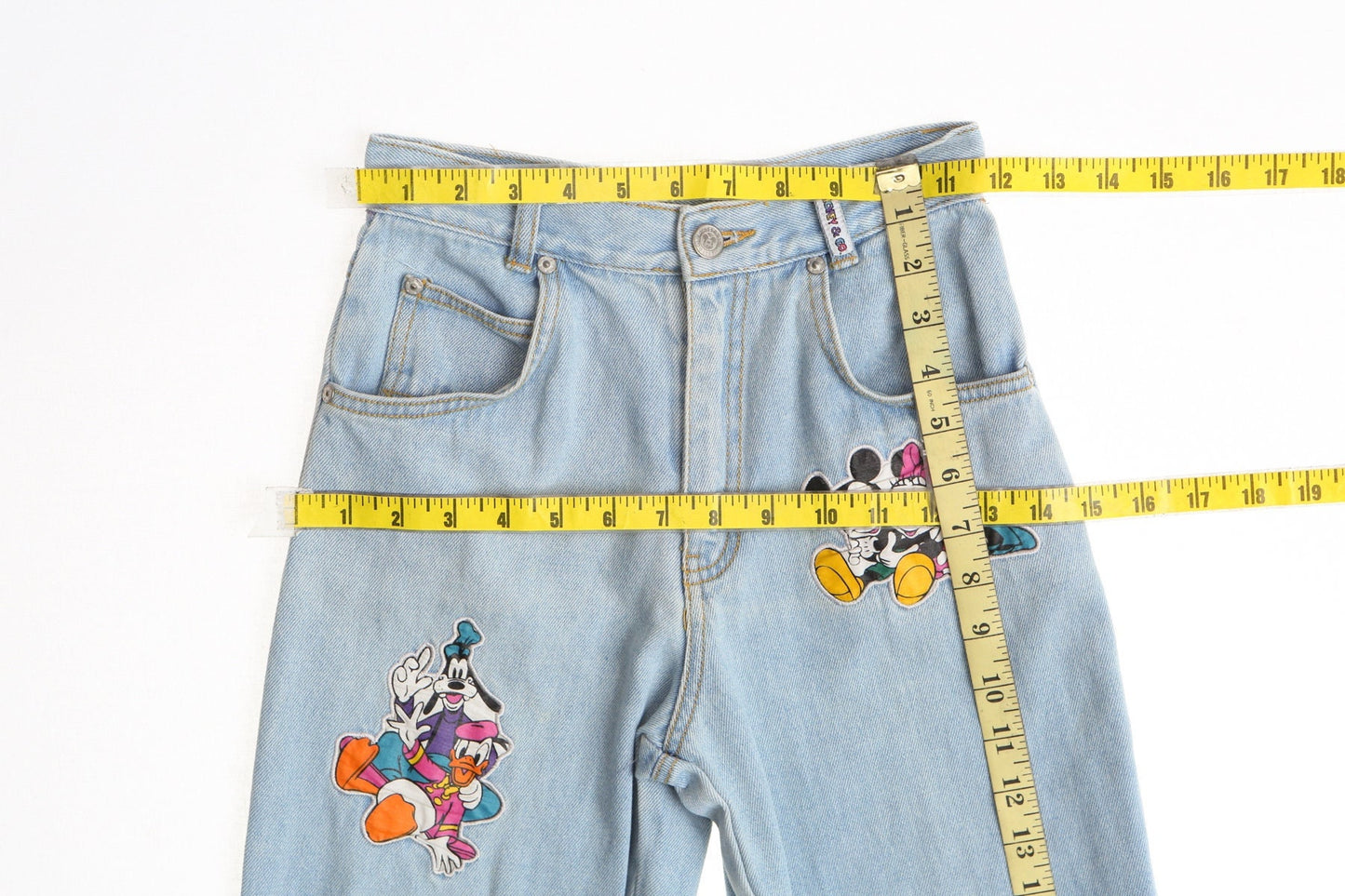 Vintage denim jeans pants high waist mickey mouse mickey and co 90's blue light wash y2k print front