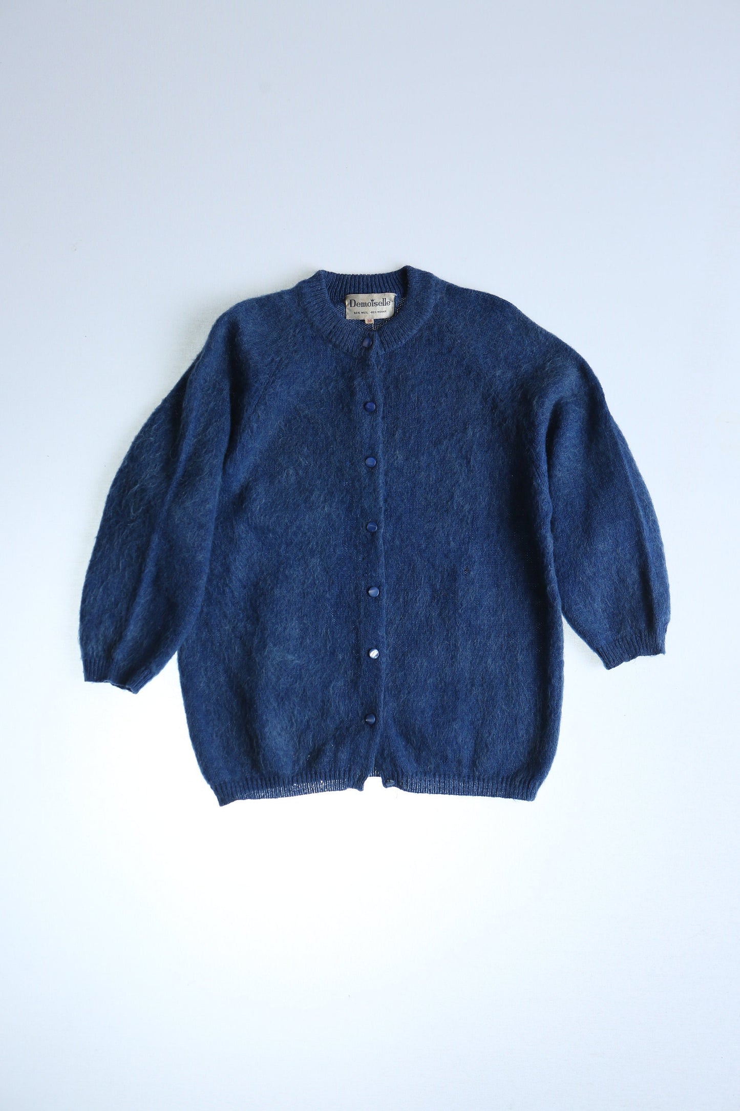 Vintage women sweater button up cardigan blue mohair 60's 50's 38 demoiselle made in usa