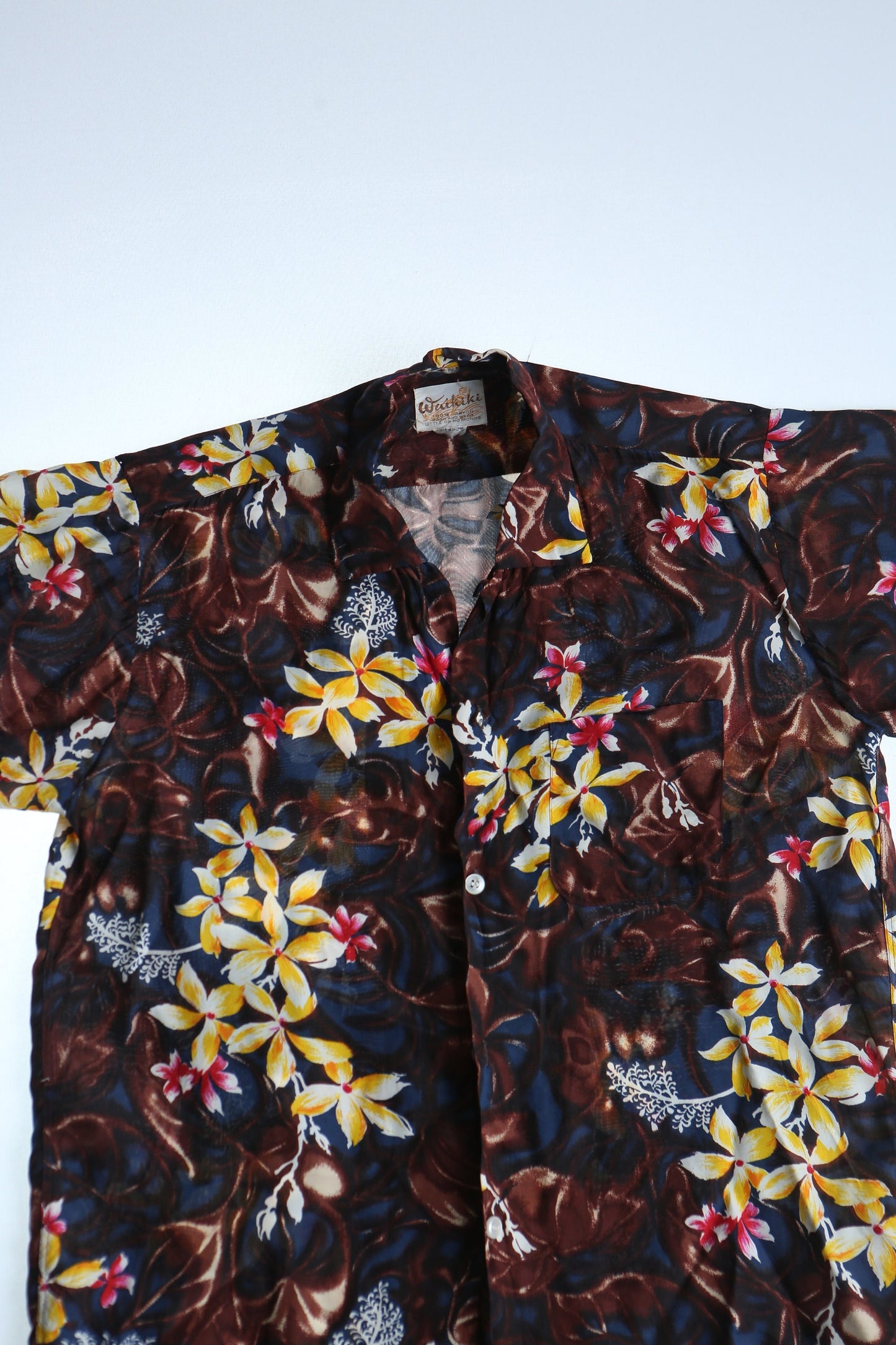 Vintage brown hawaiian shirt men waikiki floral yellow flowers 50's 60's 40's