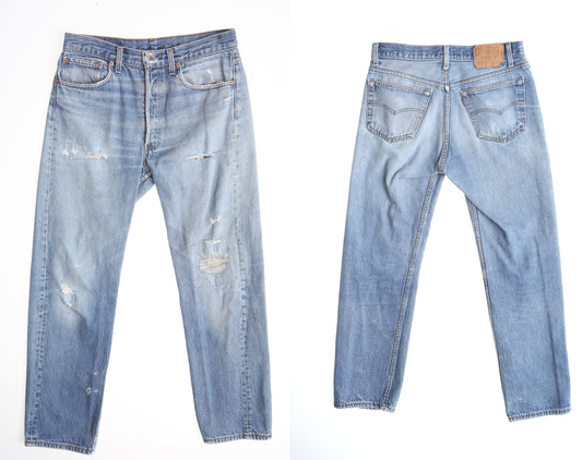 Vintage 501 levi's jeans blue distressed high waist denim pants men 90's