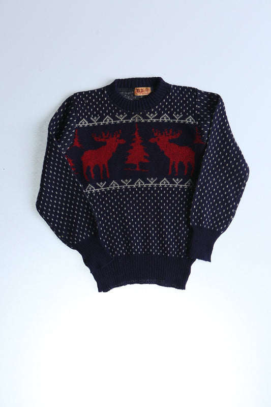 Vintage sweater women christmas moose blue 1930's kandahar high waist