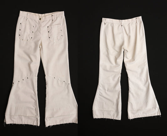 Vintage women 70's beige studded bell bottom cotton pants hippie boho