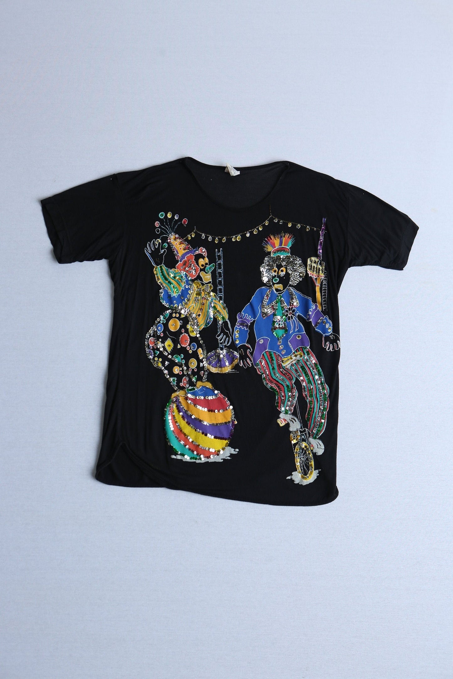 Circus sequin t-shirt vintage black clowns hand made painted