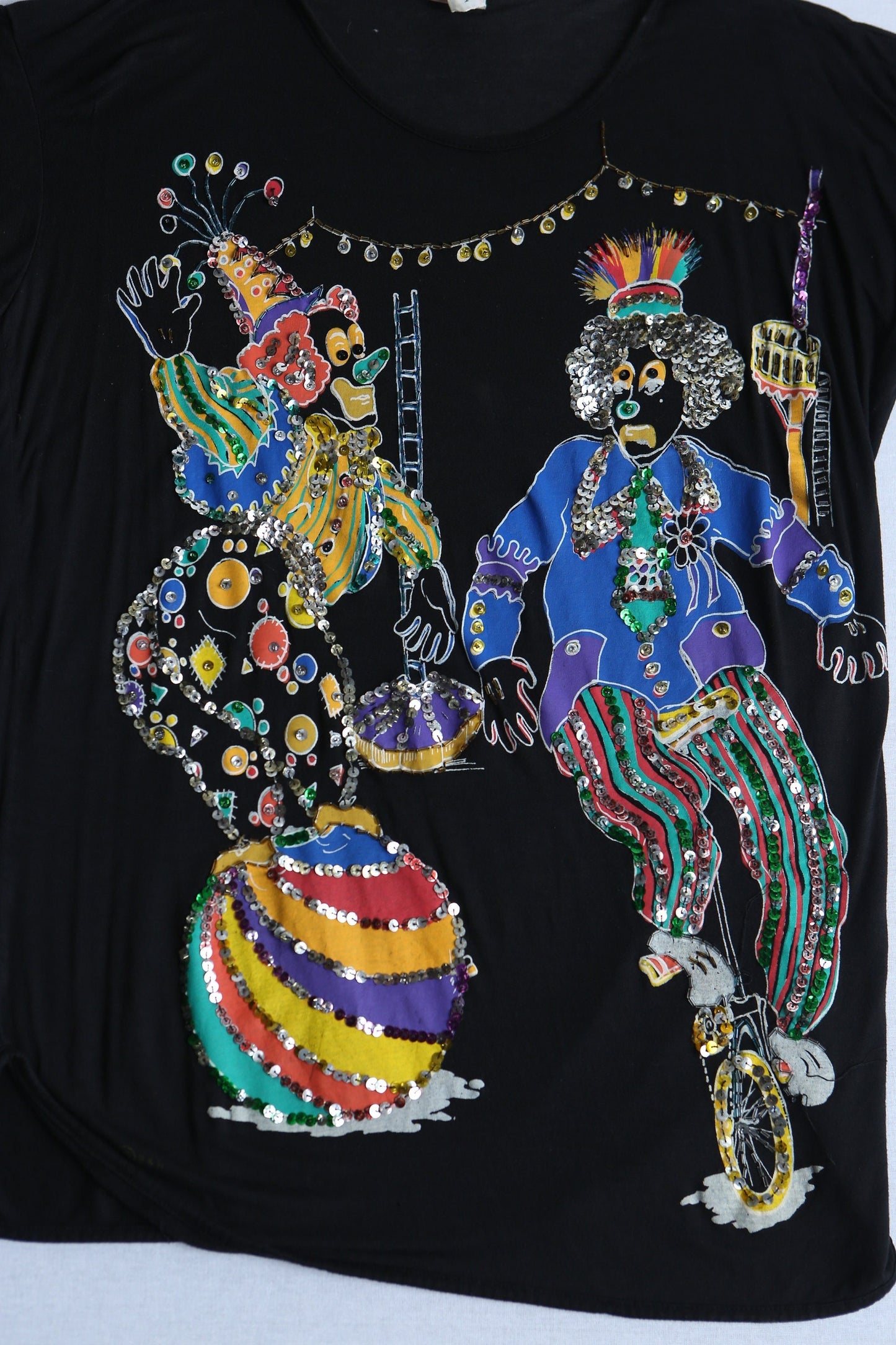 Circus sequin t-shirt vintage black clowns hand made painted