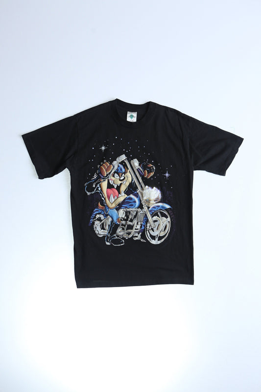 Biker t-shirt motorcycles tasmania devil warner brothers 90's black blue
