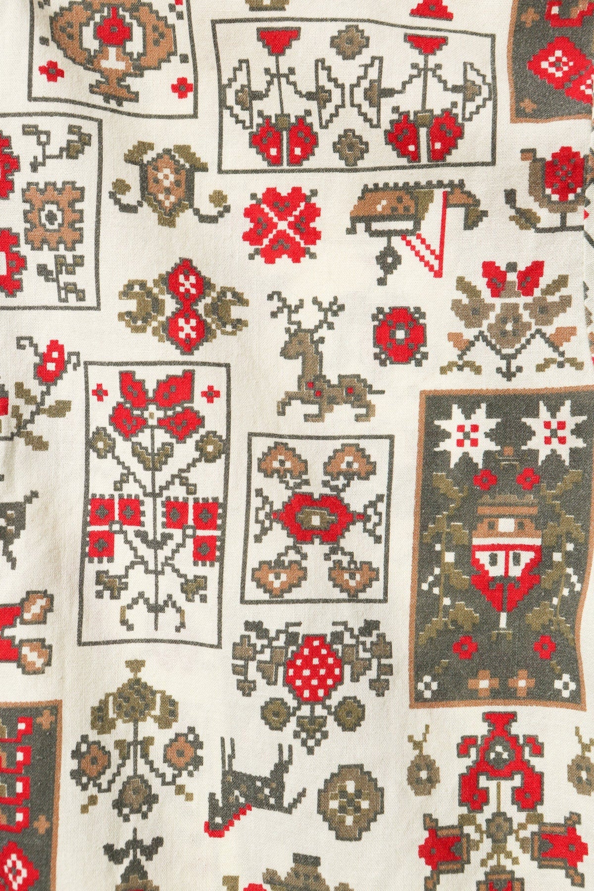 Vintage 70's cotton beige hippie top blouse women button geometric print animal bird