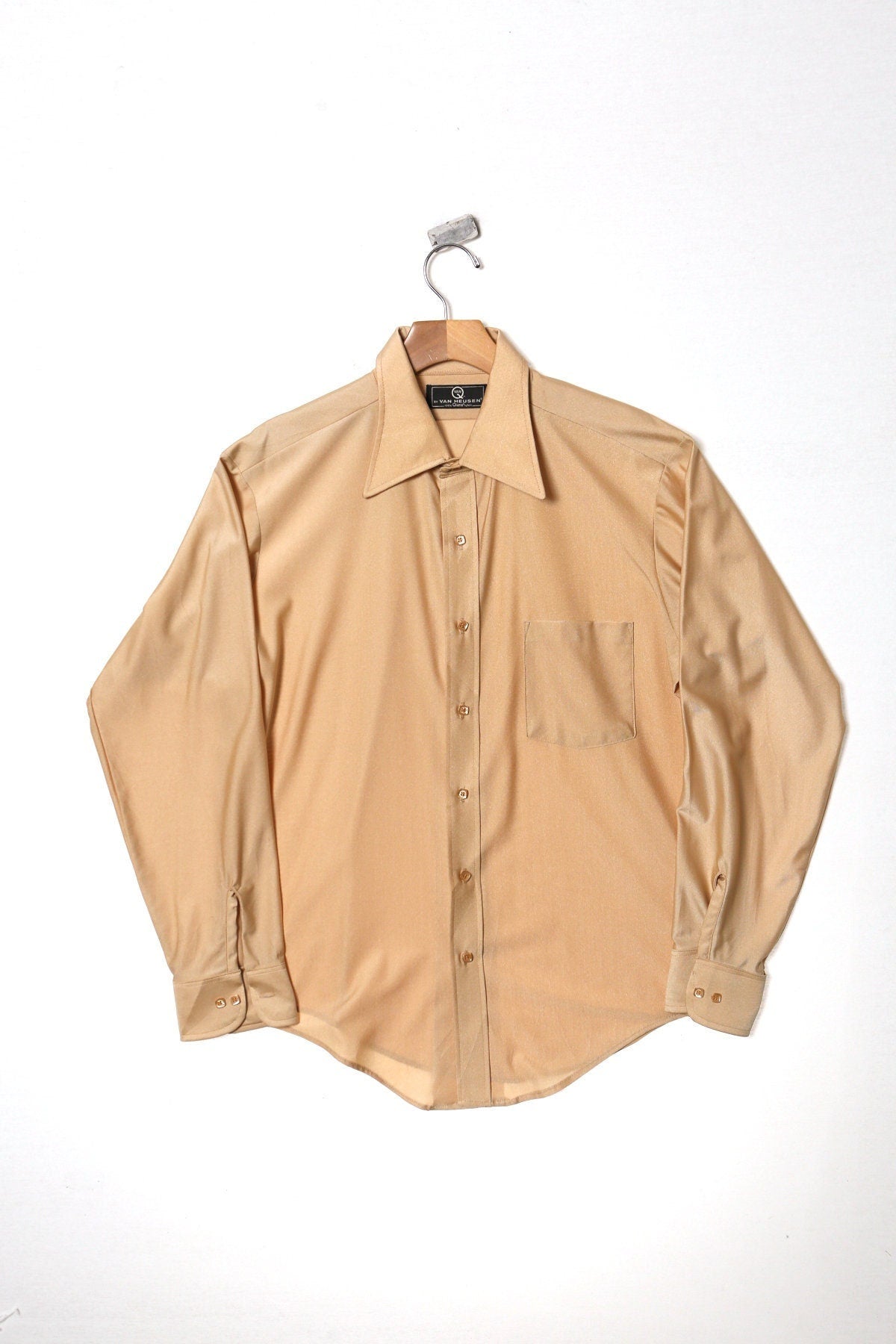 Vintage men 70's polyester beige long sleeve casual 60's disco studio 54 saturday fever'