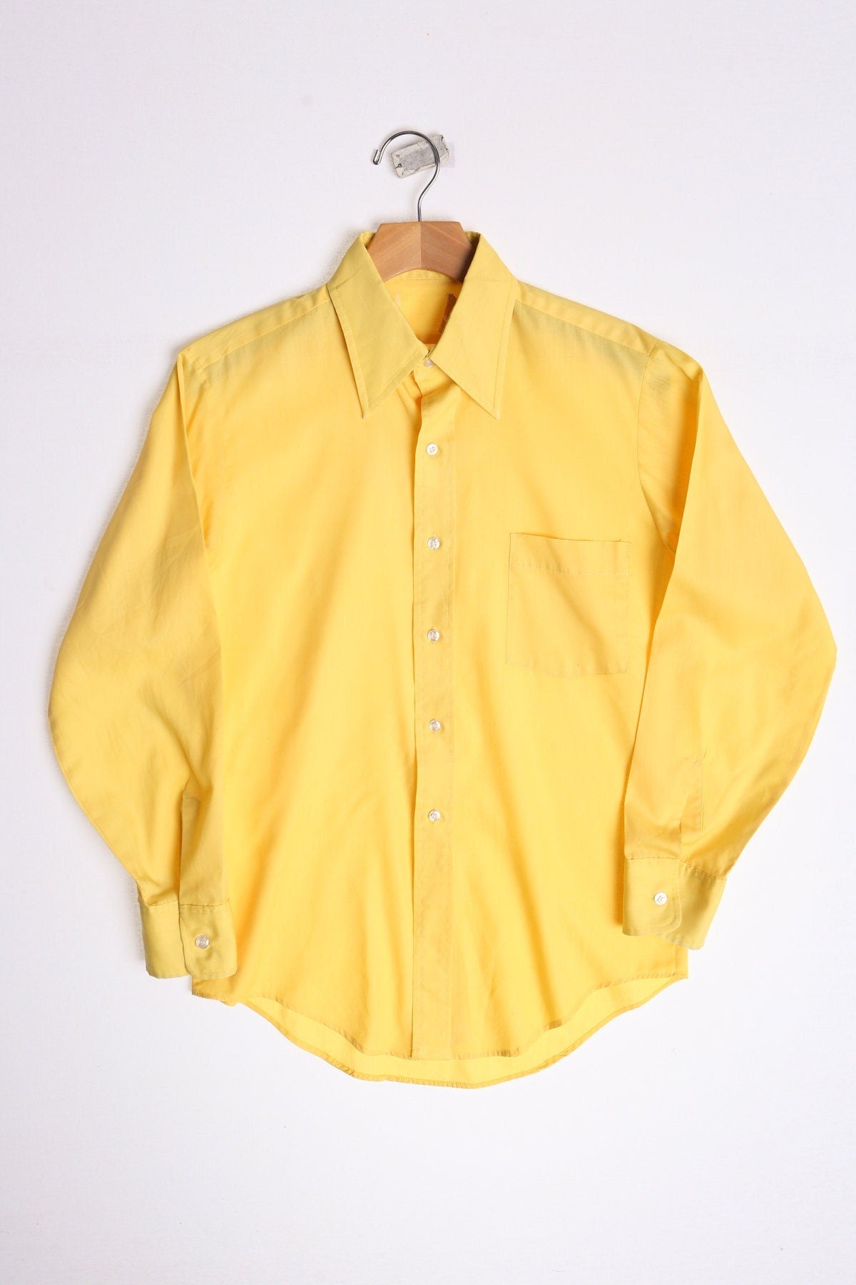 Long sleeve yellow solid men vintage casual shirt button 70's costume
